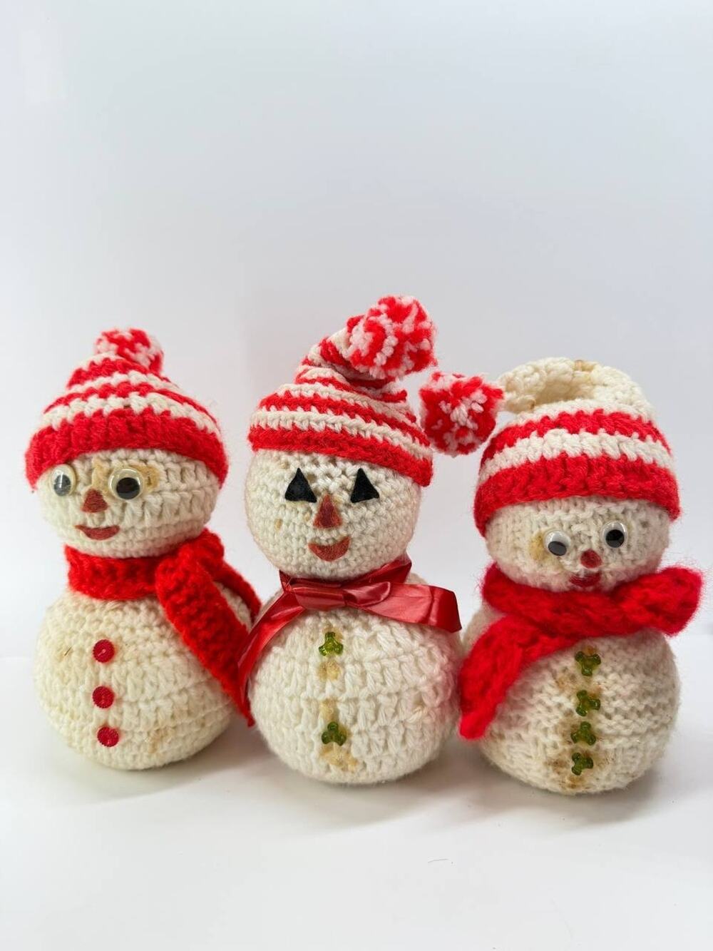 Handmade Crochet Snowman Christmas Ornaments Holiday Decor Set of 3 Vintage Styl